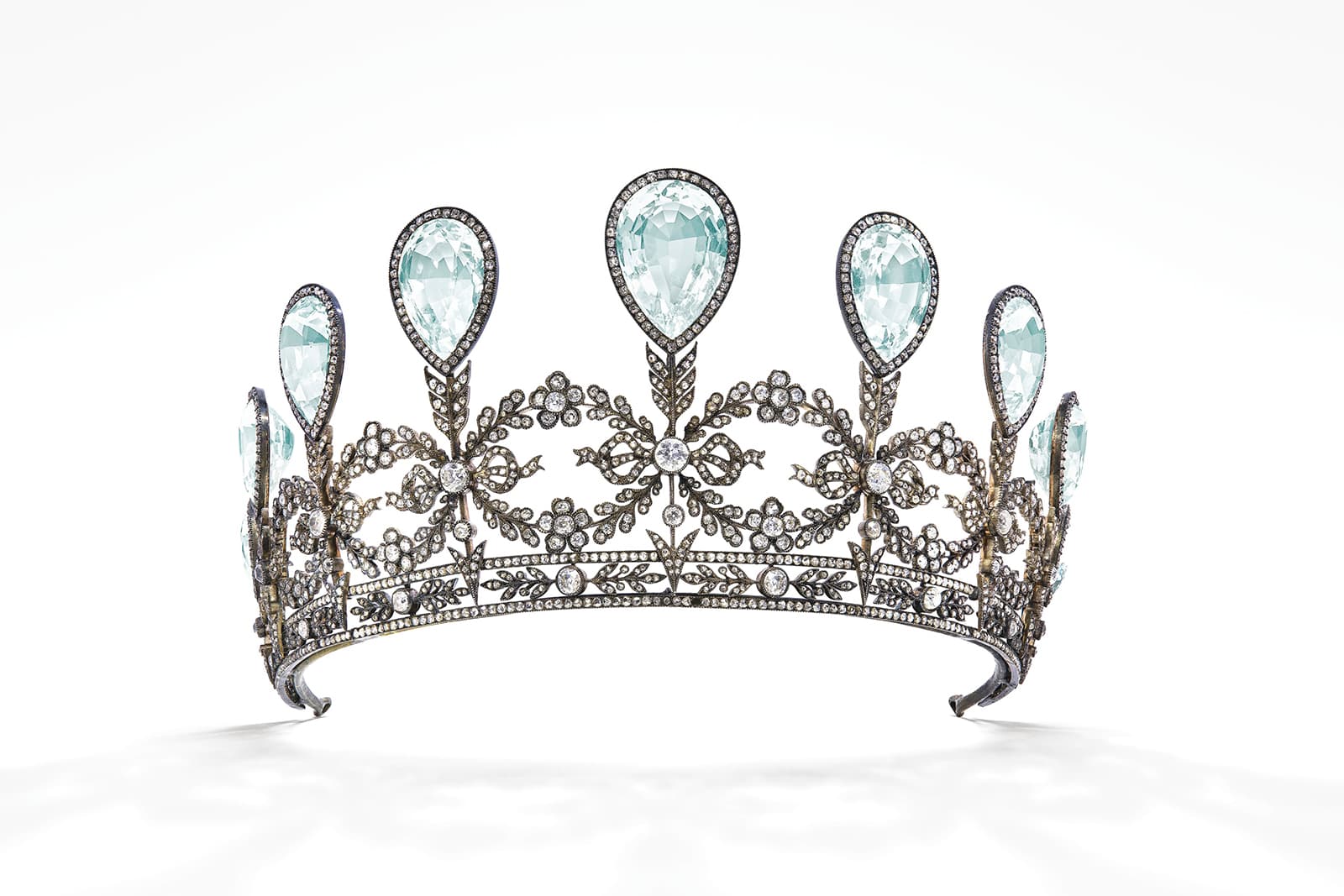 1904 Fabergé tiara with nine graduating pear cut aquamarines and diamonds 