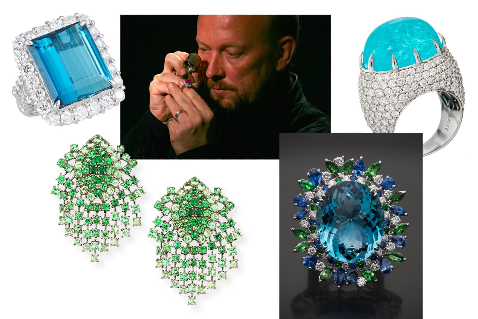 Alexander Laut and a selection of his gemstone-lead jewellery