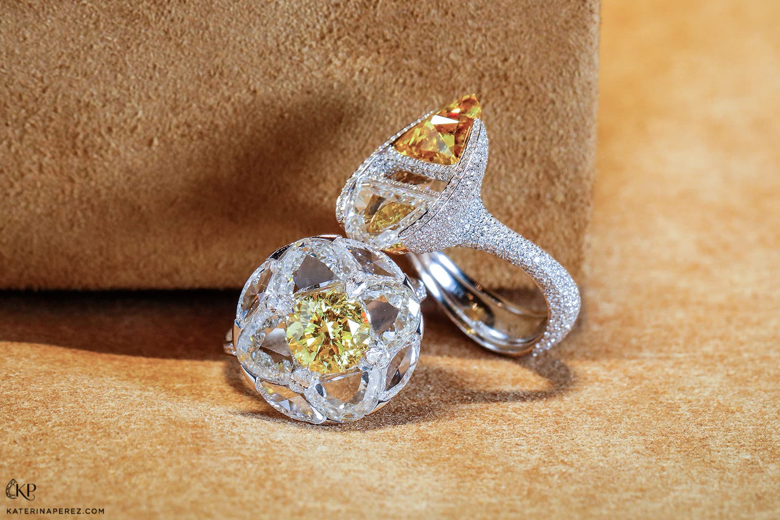 FORMS jewellery rings with custom cut colourless and fancy yellow diamonds 