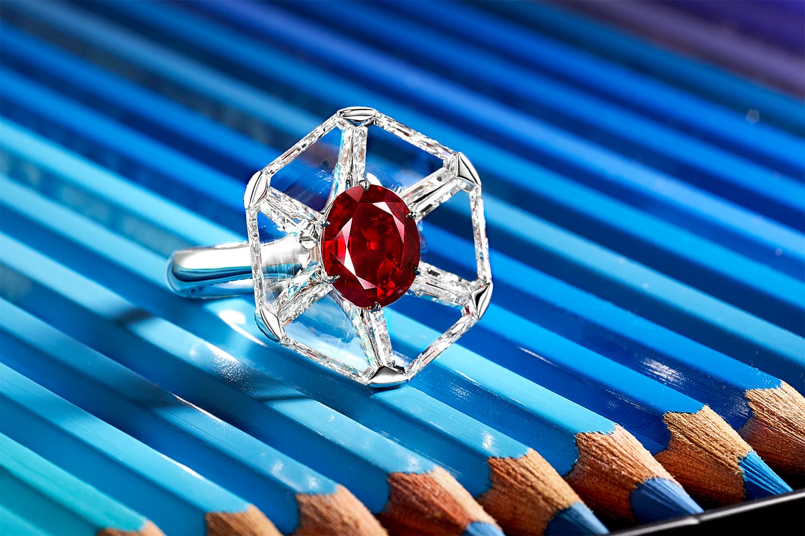 FORMS jewellery ring with pigeon blood Burmese ruby and triangular shaped diamonds