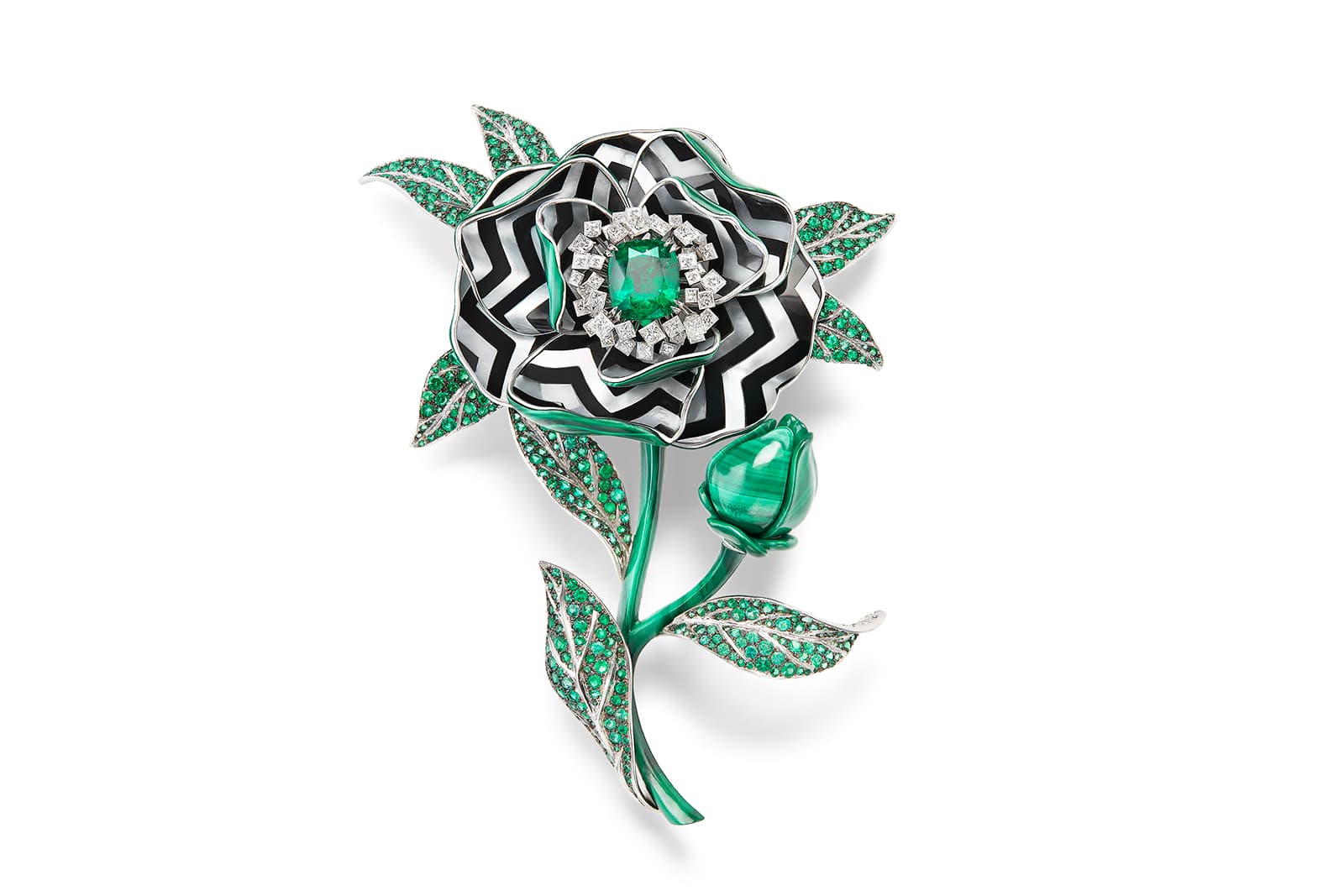 Boucheron 'Nature Triomphante' transformable brooch with malachite, Colombian emerald, emeralds, diamonds, mother-of-pearl and lacquer in white gold