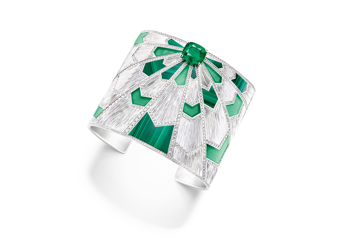 Piaget 'Sunlight Journey' cuff bracelet with malachite, emerald and diamonds in white gold 