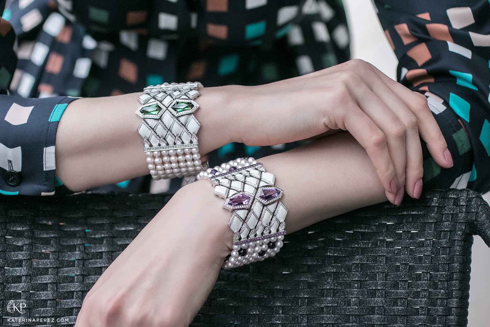 AVAKIAN Gatsby collection bracelets with pearls, diamonds, enamel and custom-cut amethysts or green tourmalines