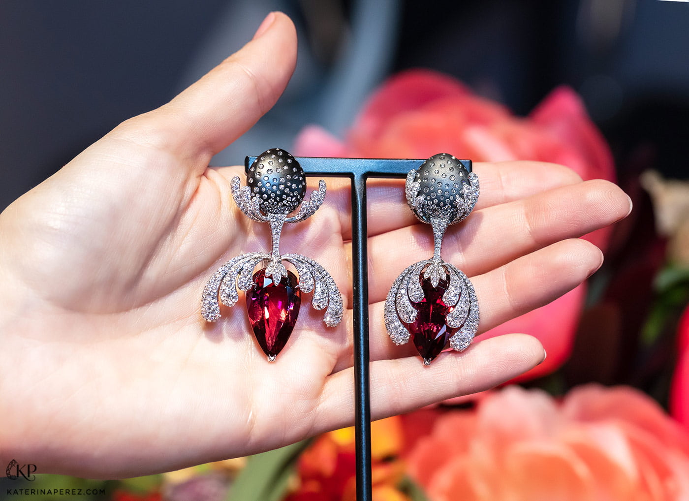 Nicholas Lieou Orchid earrings with tourmalines and diamonds
