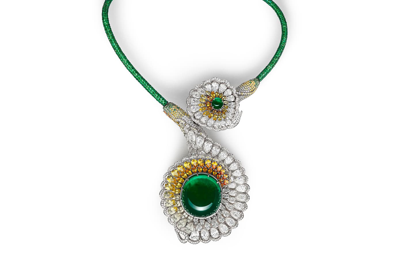 Chopard Red Carpet 2019 collection 'Divine Necklace' open ended choker with 111ct cabochon emerald, yellow and colourless diamonds, sapphires and tsavorites 
