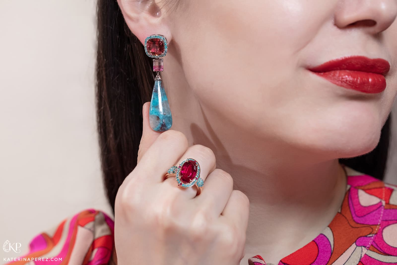 Graziela Gems earrings with 24.30ct Paraiba tourmaline, watermelon tourmaline and rubellite, and ring with 5.60ct rubellite and 0.65ct Paraiba tourmaline in yellow gold