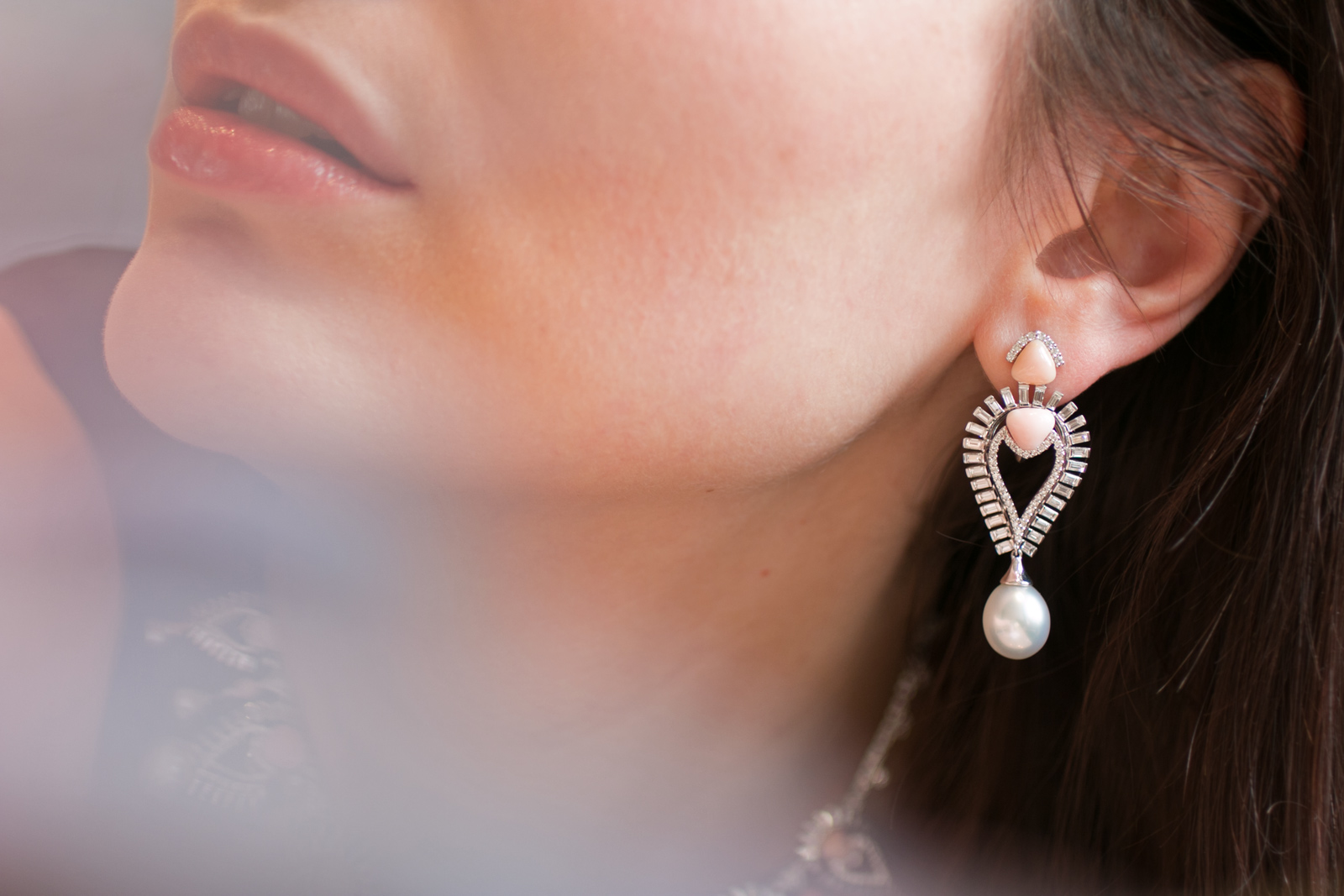 Sarah Ho conch pearl, South Sea pearl and diamond earrings