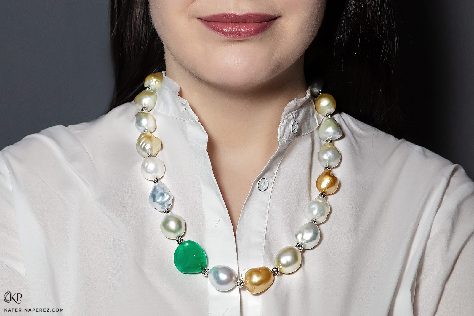 Alexander Laut necklace with 56ct Colombian emerald and South Sea pearls