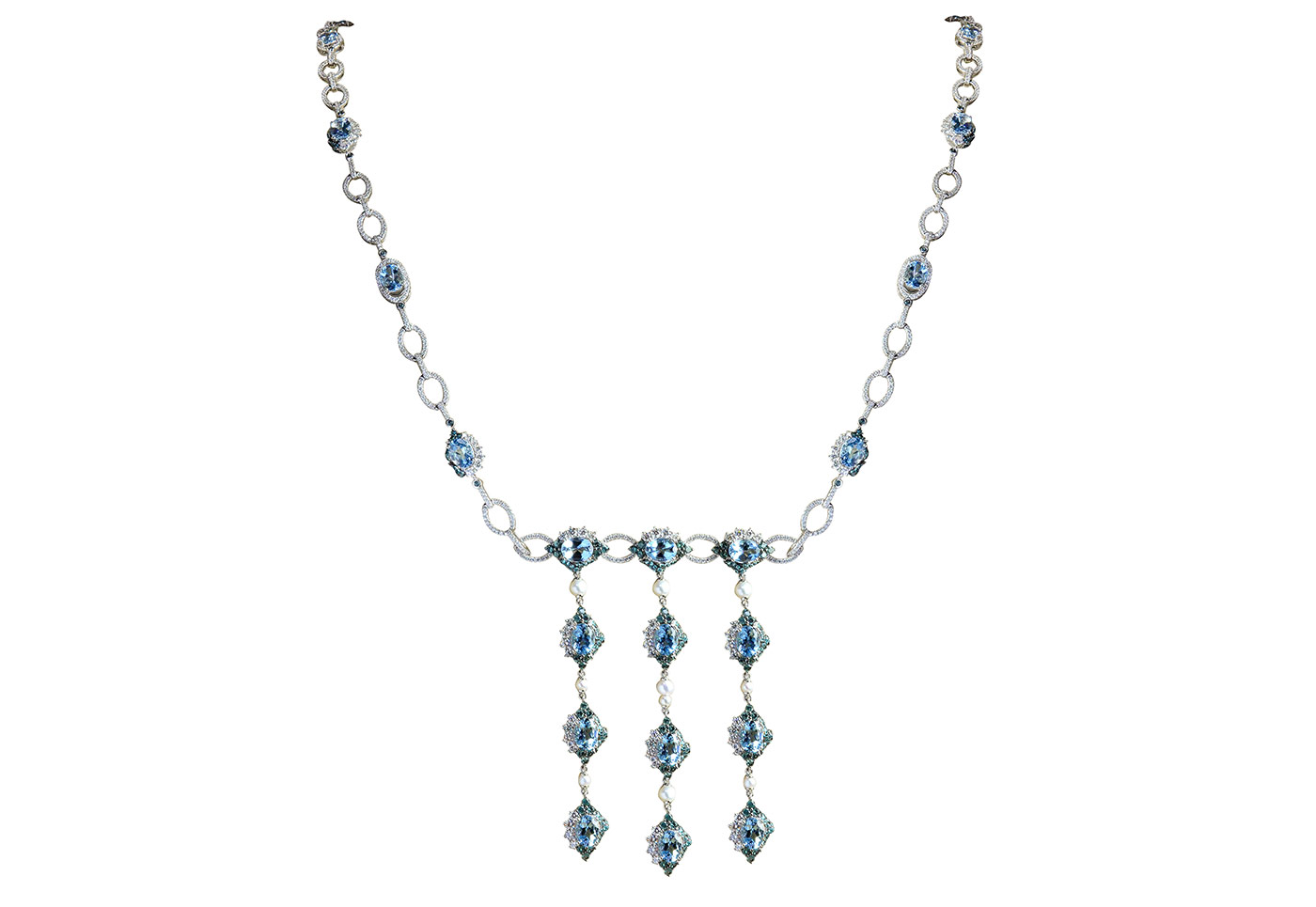 Sunita Nahata ‘Blue Planet’ necklace with Santa Maria aquamarines, Alexandrites, pearls and diamonds in white gold