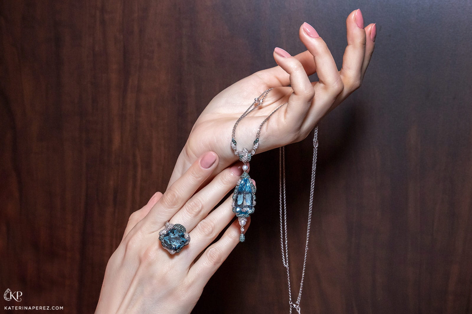 Sunita Nahata 'Blue Planet' ring with 16.89ct Santa Maria aquamarine and pendant with 17.84ct Santa Maria aquamarine, both with Alexandrites, Paraiba tourmalines, diamonds and pearls in white gold