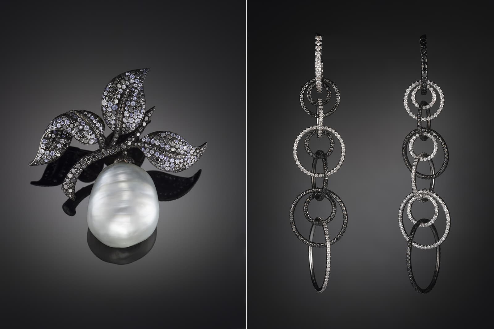 Carnet by Michelle Ong brooch with South Sea baroque pearl, black diamonds and blue sapphires in platinum and silver, and earrings with colourless and black diamonds in white gold