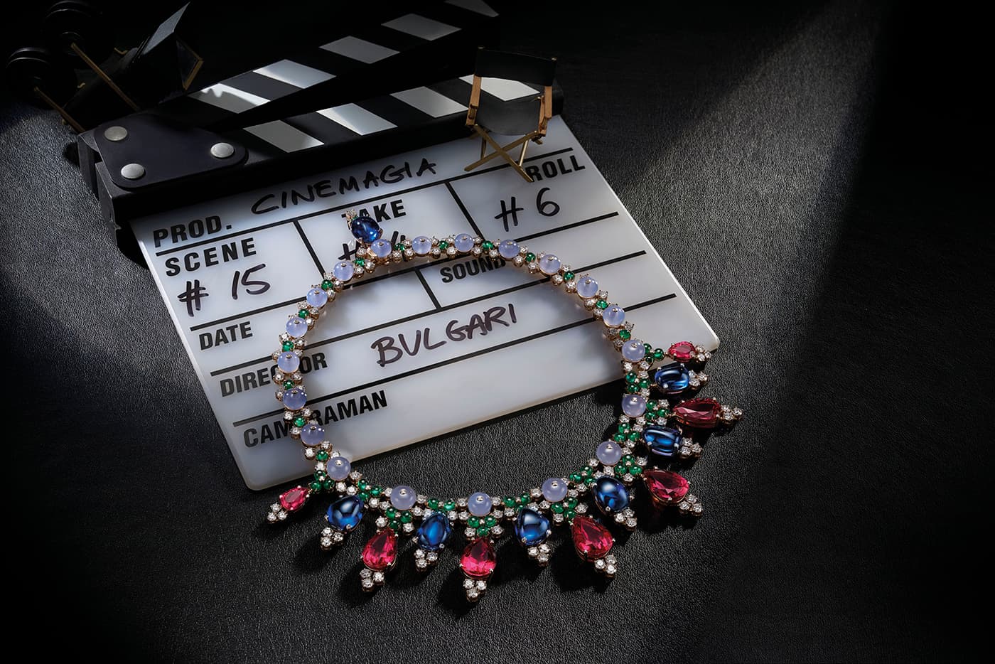 Bvlgari 'Cinemagia' collection necklace with rubellite, sapphire, emerald, diamonds and chalcedony in white gold