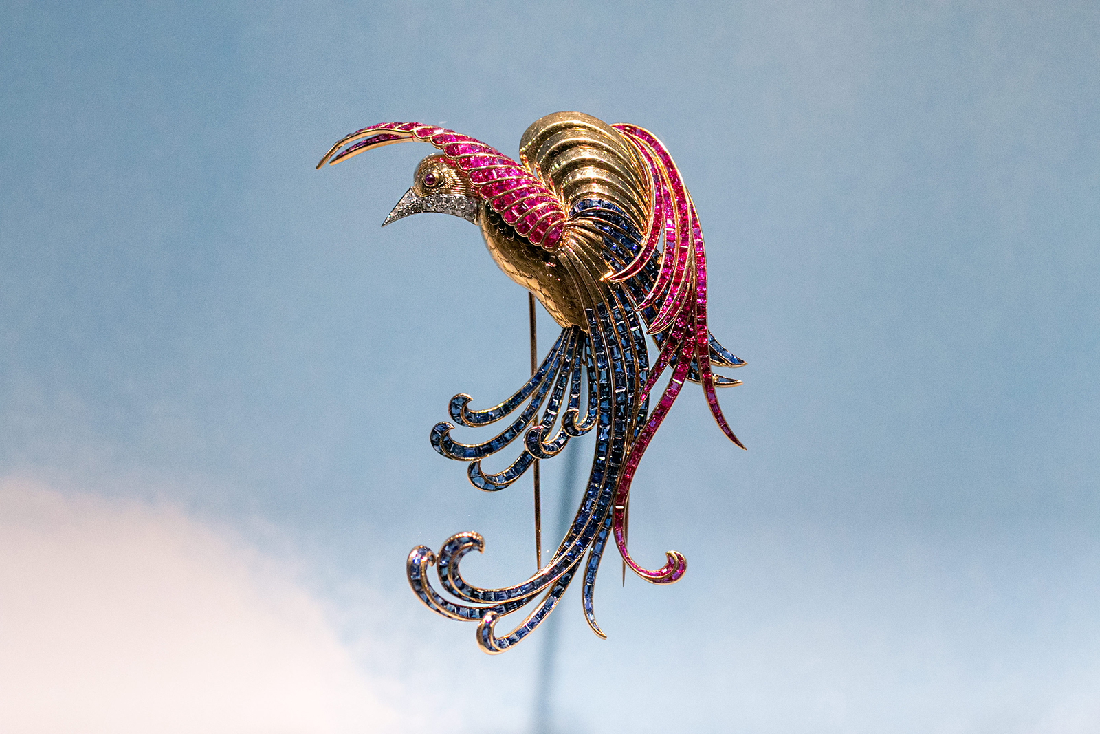 Van Cleef & Arpels 'Bird of Paradise' brooch with rubies, sapphires and diamonds in yellow gold and platinum from 1942