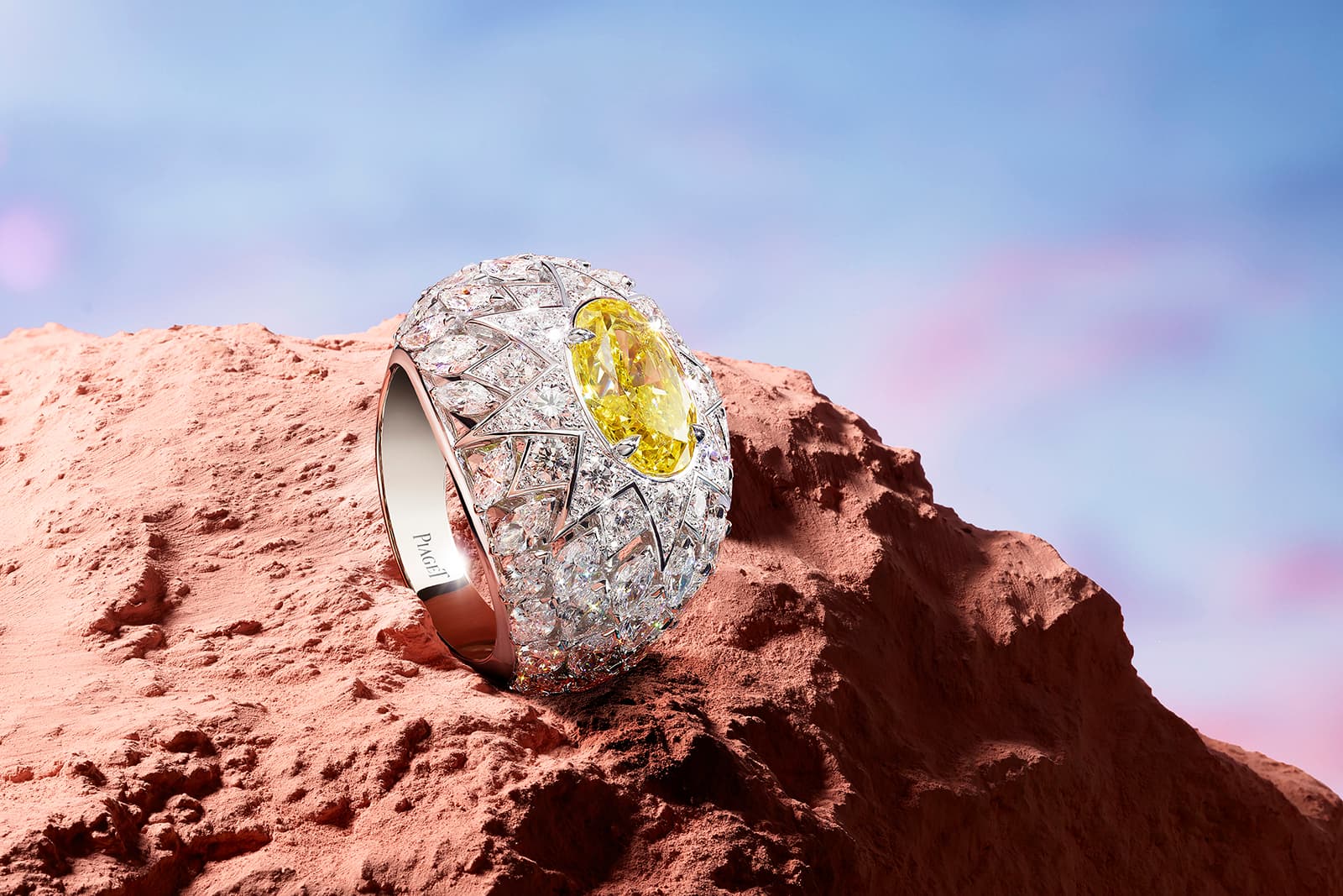 Piaget 'Rising Star' ring with fancy yellow diamond and colourless diamonds in white gold
