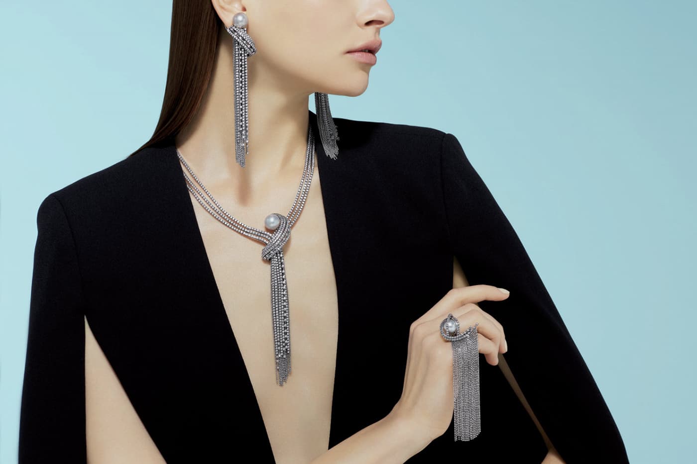 Tasaki ‘Ocean Frontier’ collection 'Waterfall' suite with pearls and diamonds in white gold