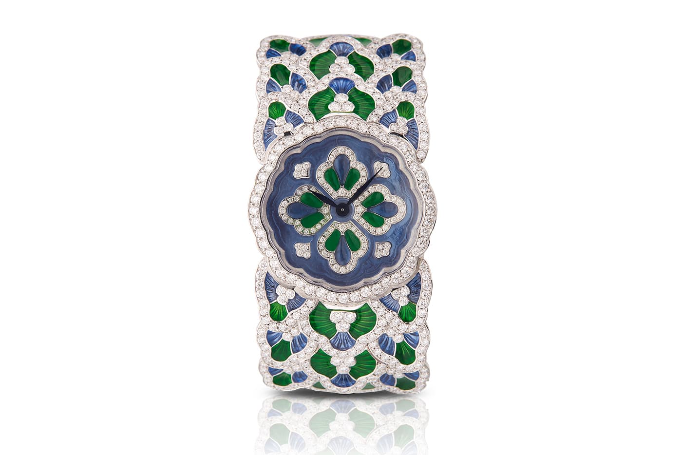 Buccellati 'Bluebell' watch with 11.35ct diamonds and guilloché enamel on white gold
