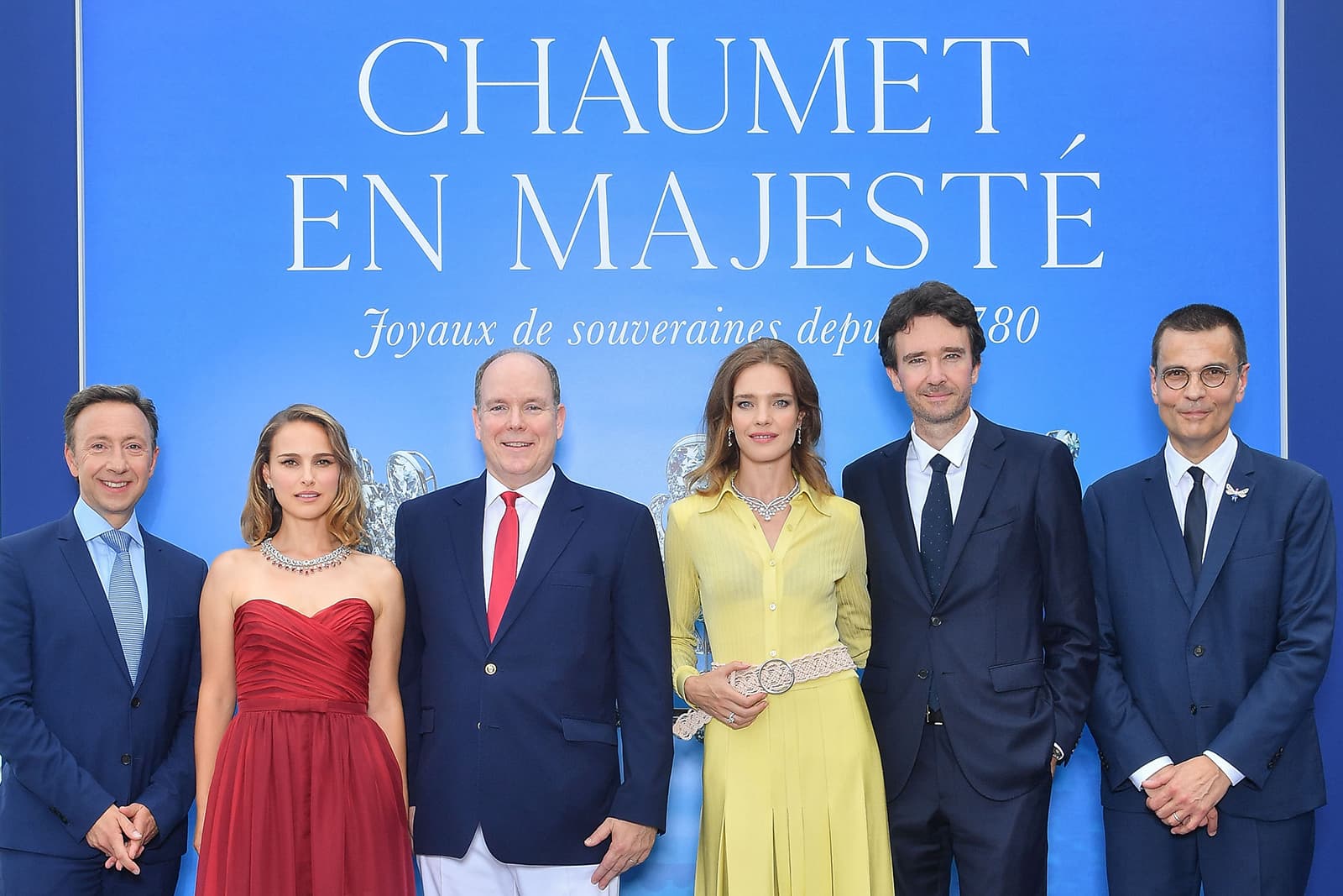 Stéphane Bern, Natalie Portman, HSH Prince Albert II, Natalia Vodianova and Jean-Marc Mansvelt at the opening of Chaumet in Majesty: Jewels of Sovereigns Since 1780 exhibition 