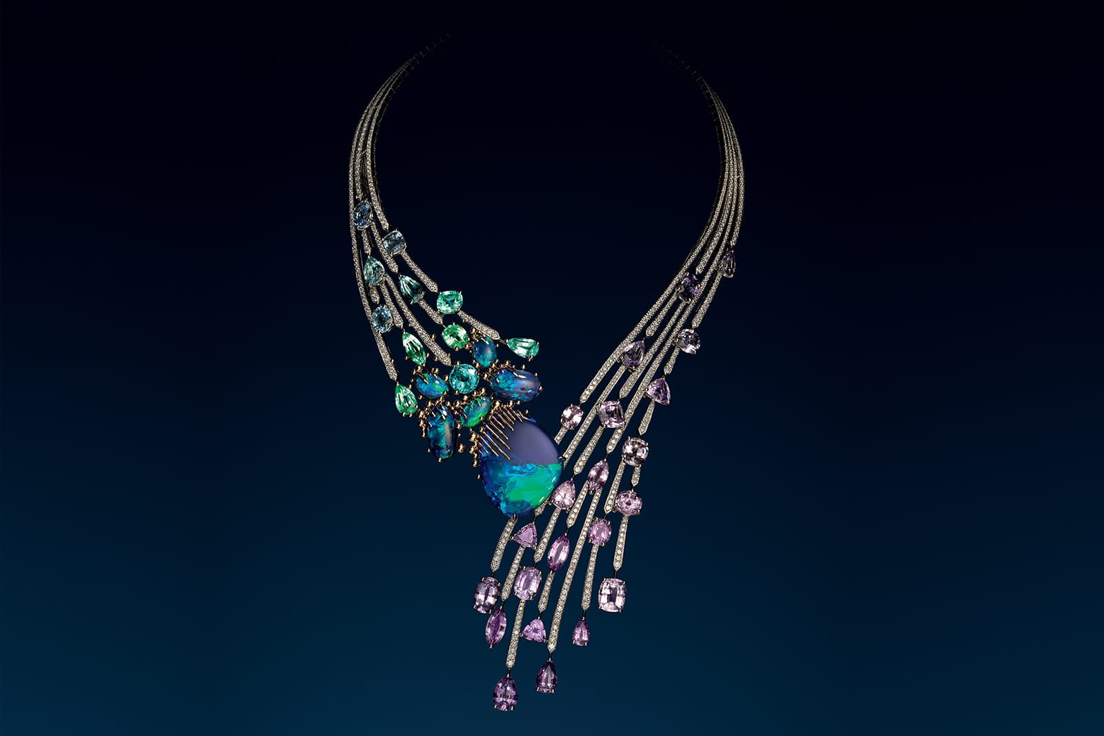 Chaumet 'Les Ciels de Chaumet' collection 'Passages' necklace with 28.11ct Australian black opal, accenting black opals, Paraiba tourmalines, tourmalines and diamonds in rose and white gold