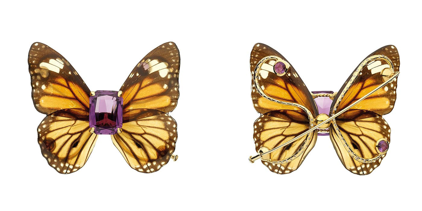 Sylvie Corbelin brooch with butterfly wings, amethyst and diamonds in yellow gold