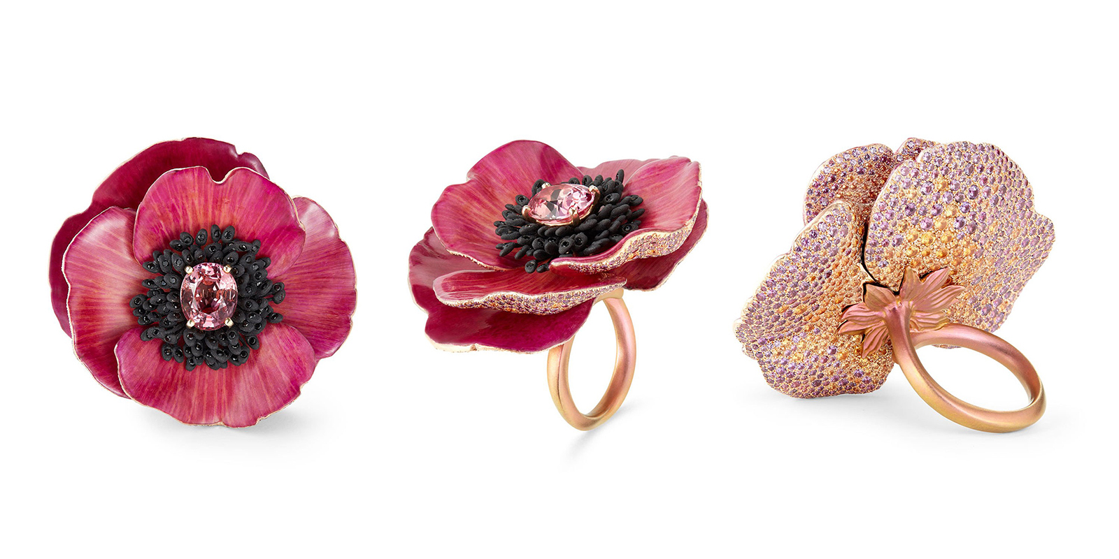 Boucheron 'Eternal Flowers' collection 'Pivione Avis Varner' ring with 4.16ct Padparadscha sapphire, spinels, yellow and violet sapphires in titanium