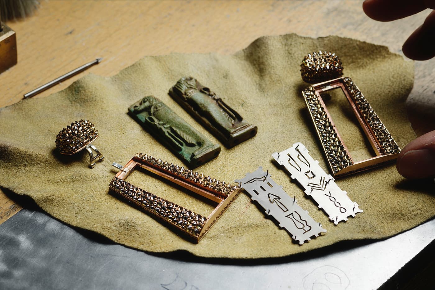 The making of Hemmerle earrings, faience, diamonds, bronze, silver, white gold. Price on Application, courtesy Hemmerle