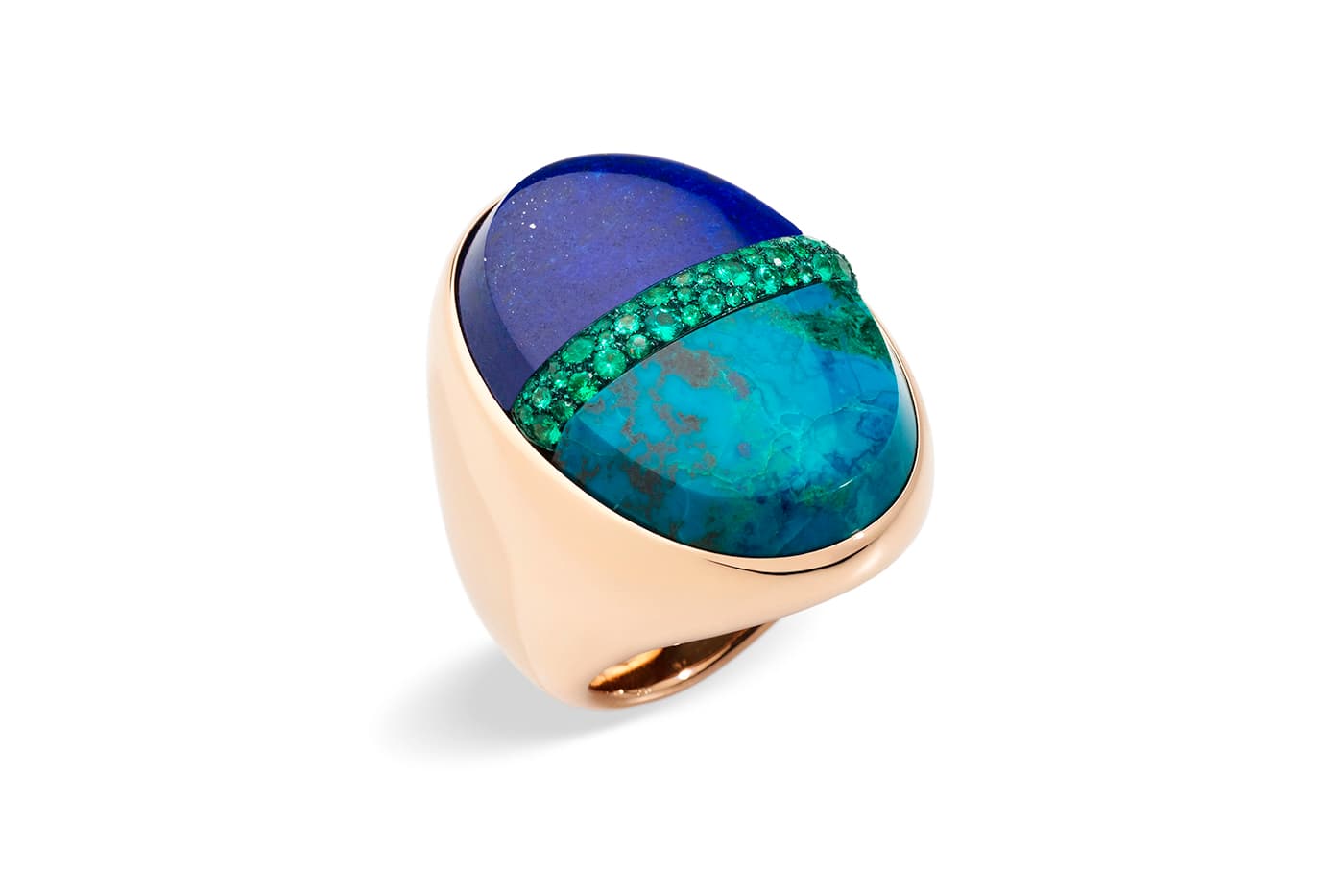 Pomellato 'Armonie Minerale' collection cocktail ring with lapis lazuli, turquoise and tsavorites in yellow gold
