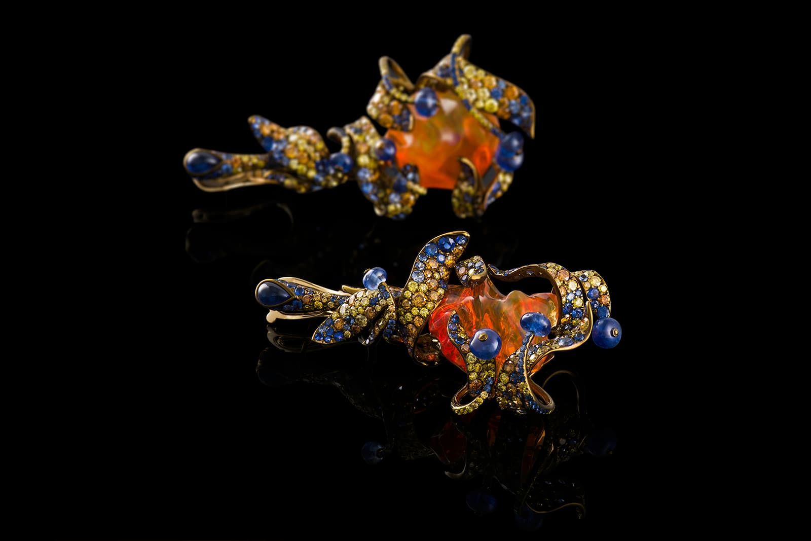 Neha Dani 'Shristi' collection 'Arunima' earrings with fire opal, sapphires, yellow and orange diamonds in titanium 