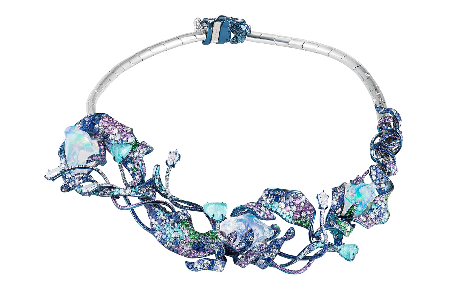 Neha Dani 'Shristi' collection 'Vaneesha' necklace with water opal, diamonds, Paraiba tourmalines, blue and purple sapphires and tsavorite garnets in titanium 