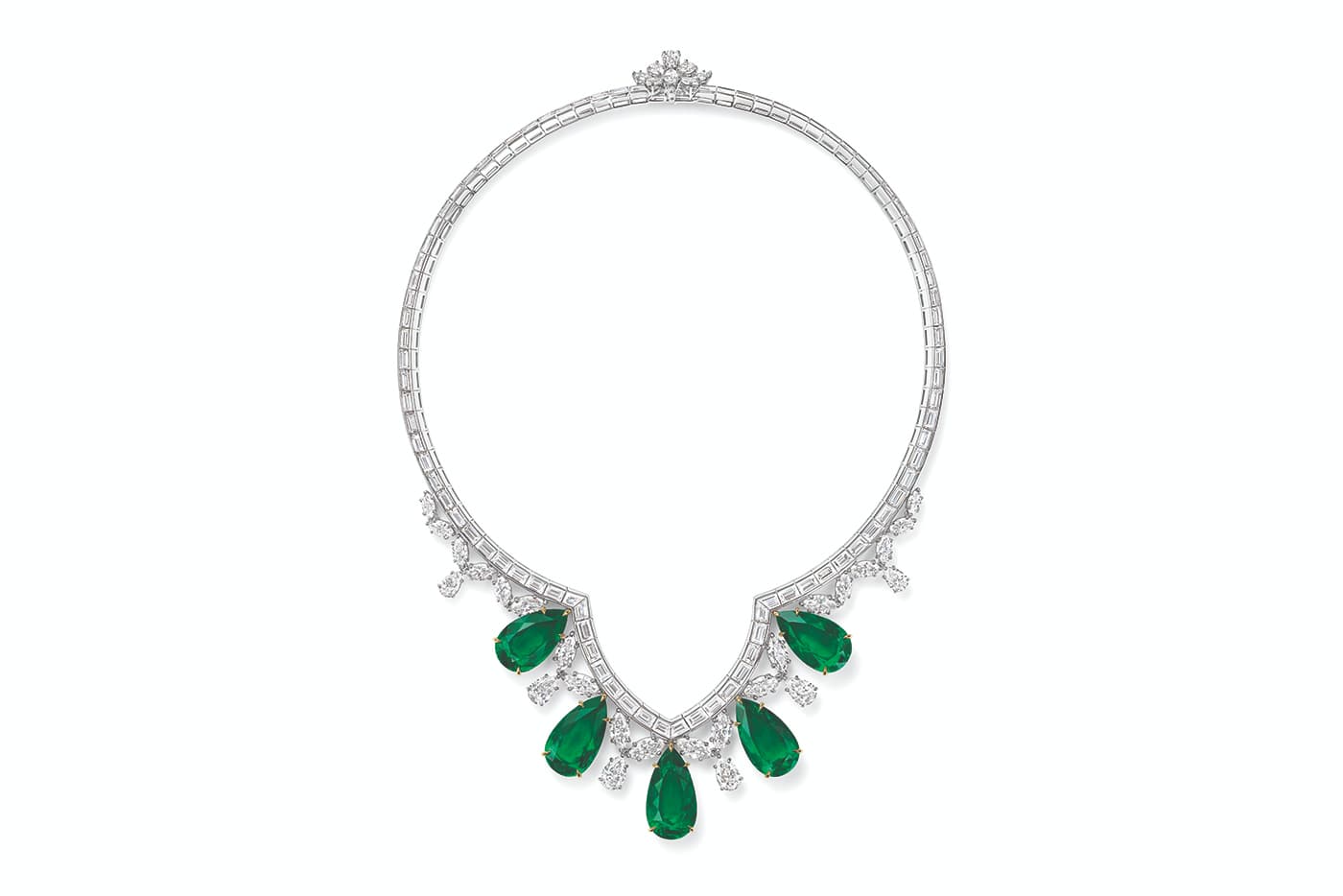 Harry Winston 'New York' collection ‘Cathedral’ necklace with pear cut Colombian emeralds and diamonds in platinum