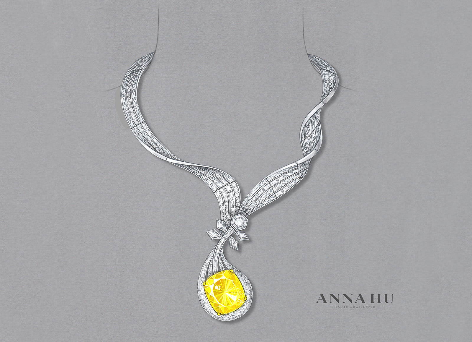 Gouache of Anna Hu’ s 'Dunhuang Pipa' necklace, commissioned by Sotheby’s, with 100.02ct fancy intense yellow diamond, baguette cut diamonds, rhombus diamonds, hexagon step cut diamonds and round brilliant cut diamonds in white and yellow gold