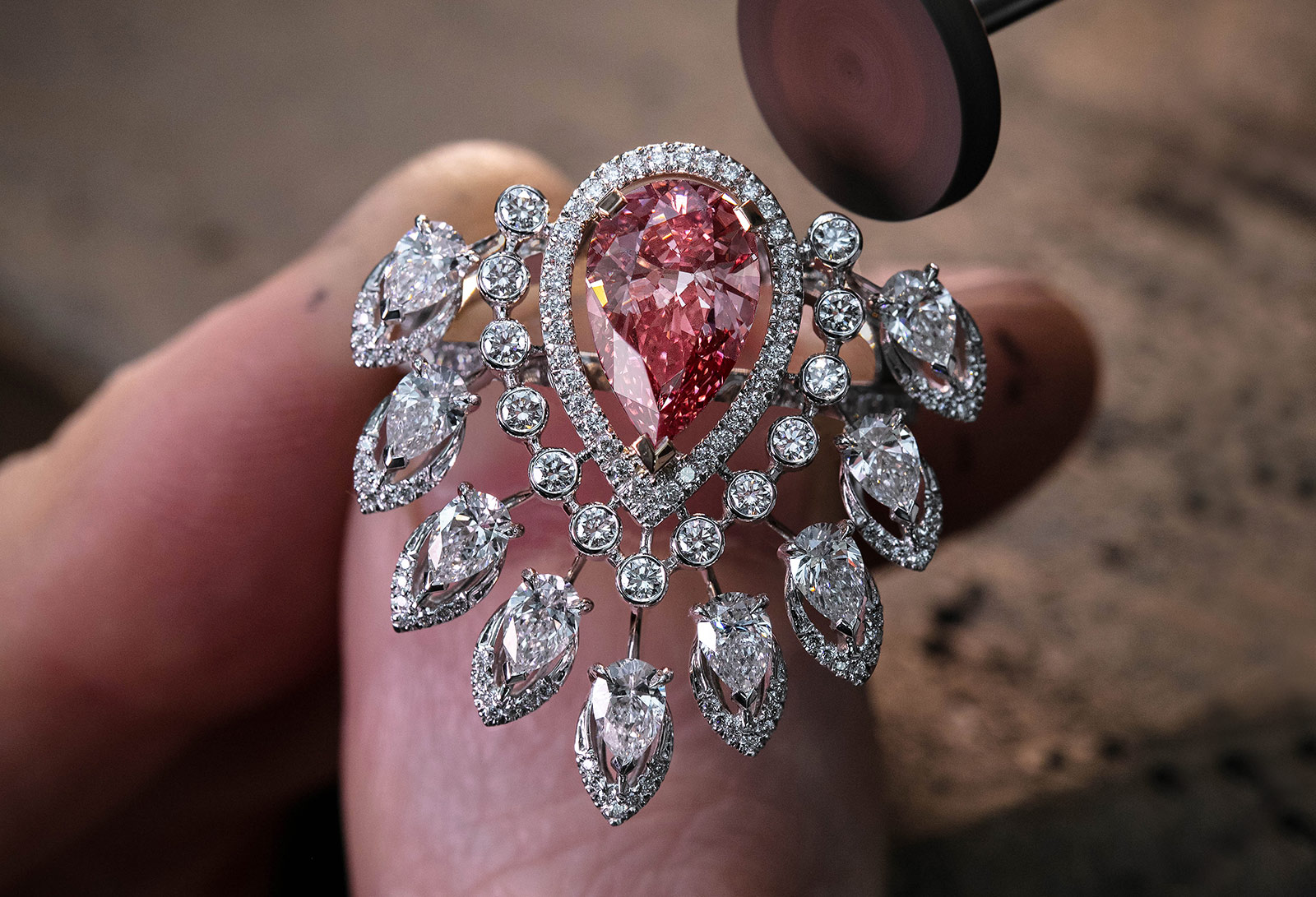 Messika 'Private Collection' 'Desert Bloom' ring with 1.62ct pear cut fancy intense pink diamond, accenting pear and brilliant cut colourless diamonds in white gold