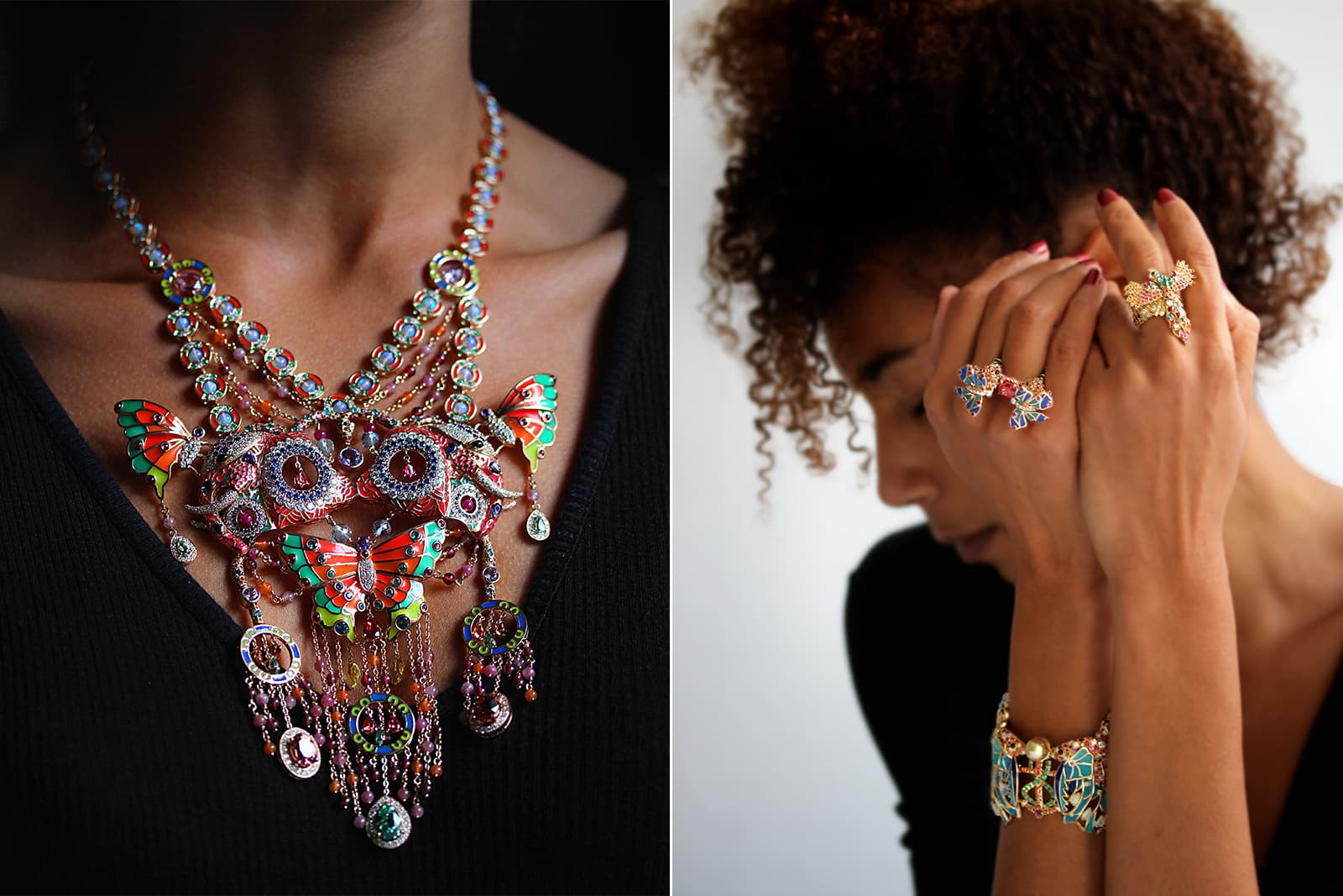 Aude Mathon x Émeline Piot ‘Unique’ collection jewellery including (from left to right) the ‘Nyiama’ necklace, the ‘Pisces’ cuff, the 'Nkùma' ring and the 'Ara' ring