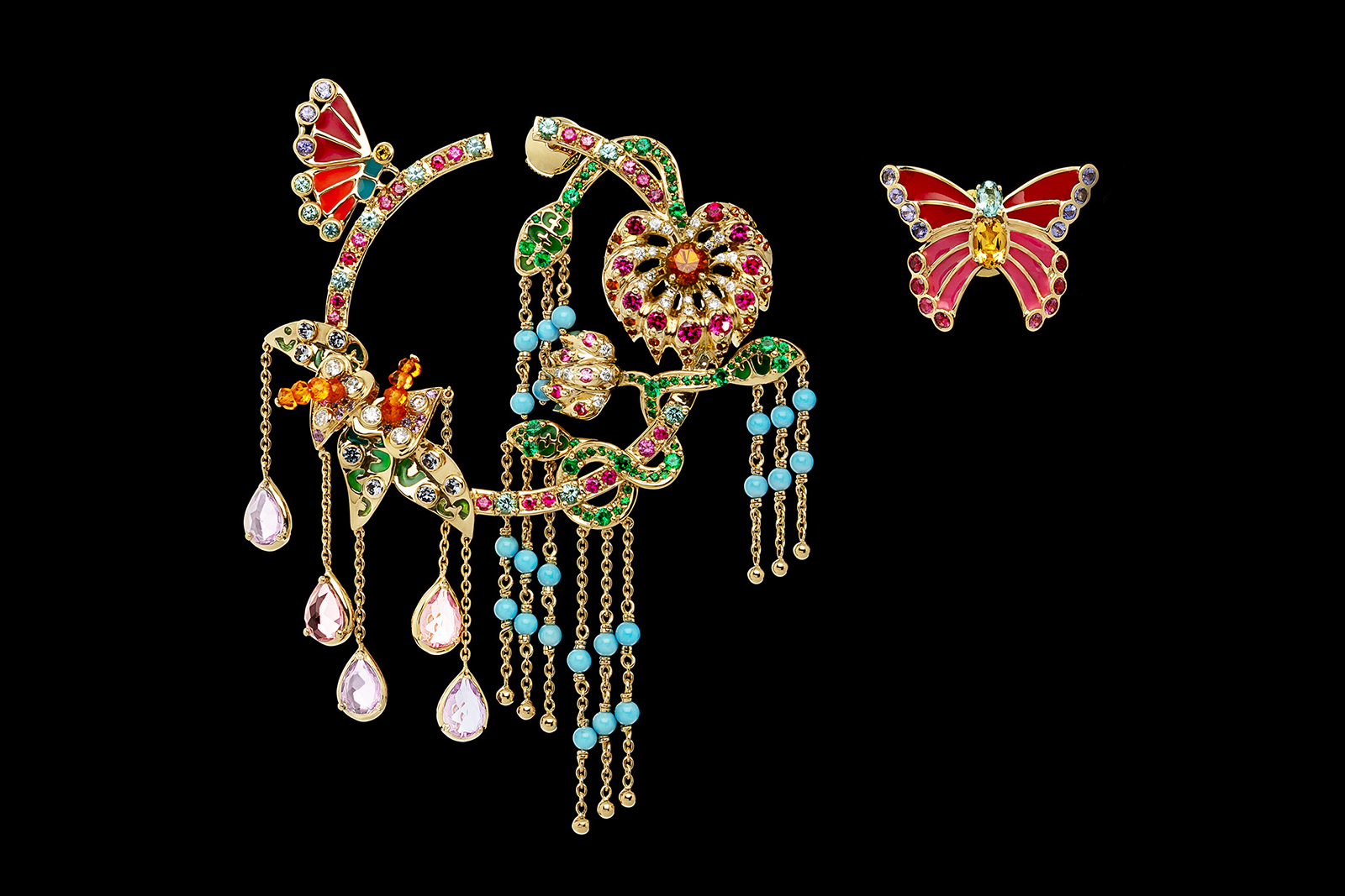 Aude Mathon x Émeline Piot ‘Unique’ collection 'Eden' earrings with tourmaline, emeralds, spinels, garnets, sapphires, diamonds, turquoise and enamel in yellow gold
