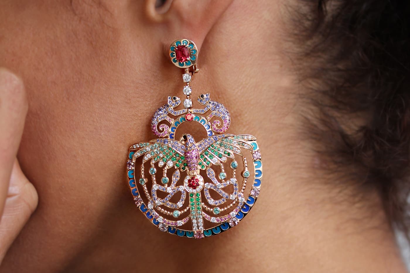 Aude Mathon x Émeline Piot 'Unique'collection ‘Quetzal’ earrings with spinels, tourmaline, sapphires, diamonds and emeralds in enamel and yellow gold
