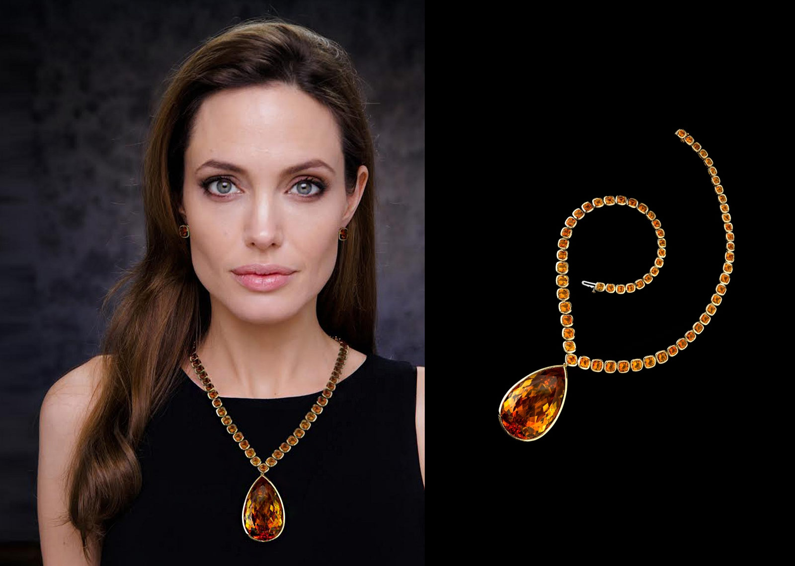 Robert Procop and Angelina Jolie collaboration necklace with 64 cushion cut citrines and a 177.11ct pear shaped citrine in yellow gold 