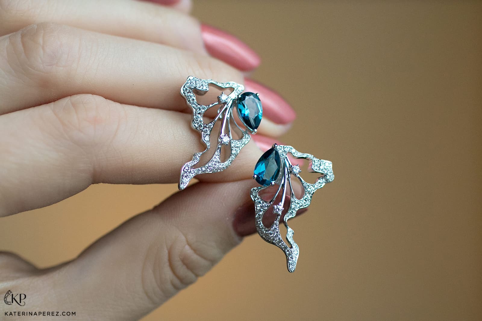 Simone Jewels x Katerina Perez jewellery collaboration earrings with blue topaz and diamonds in recycled white gold