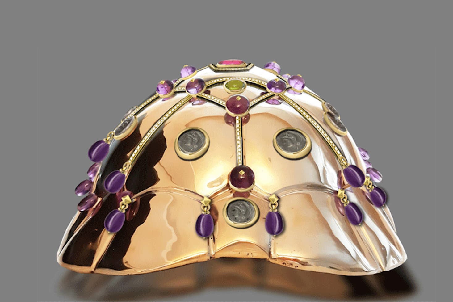 Bvlgari and Francesco Vezzoli ‘Tortue de Soirée’ objet d'art with amethyst beads and cabochon cut amethyst, rubellite, peridot, citrine, topaz, diamonds and Ancient Greek coins in yellow gold