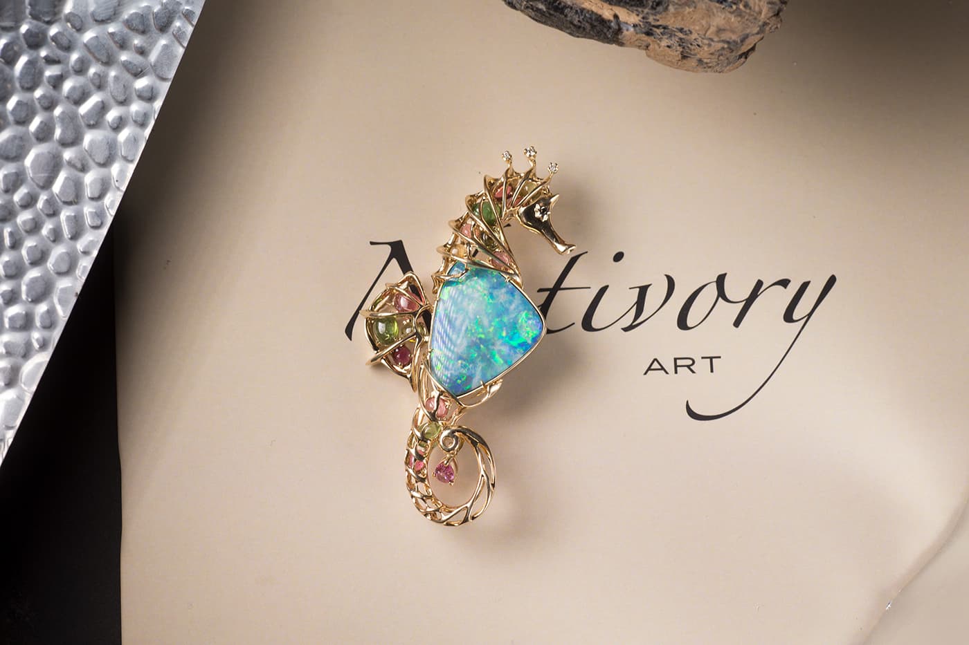 NotIvory jewellery brooch with opal and gemstones in yellow gold