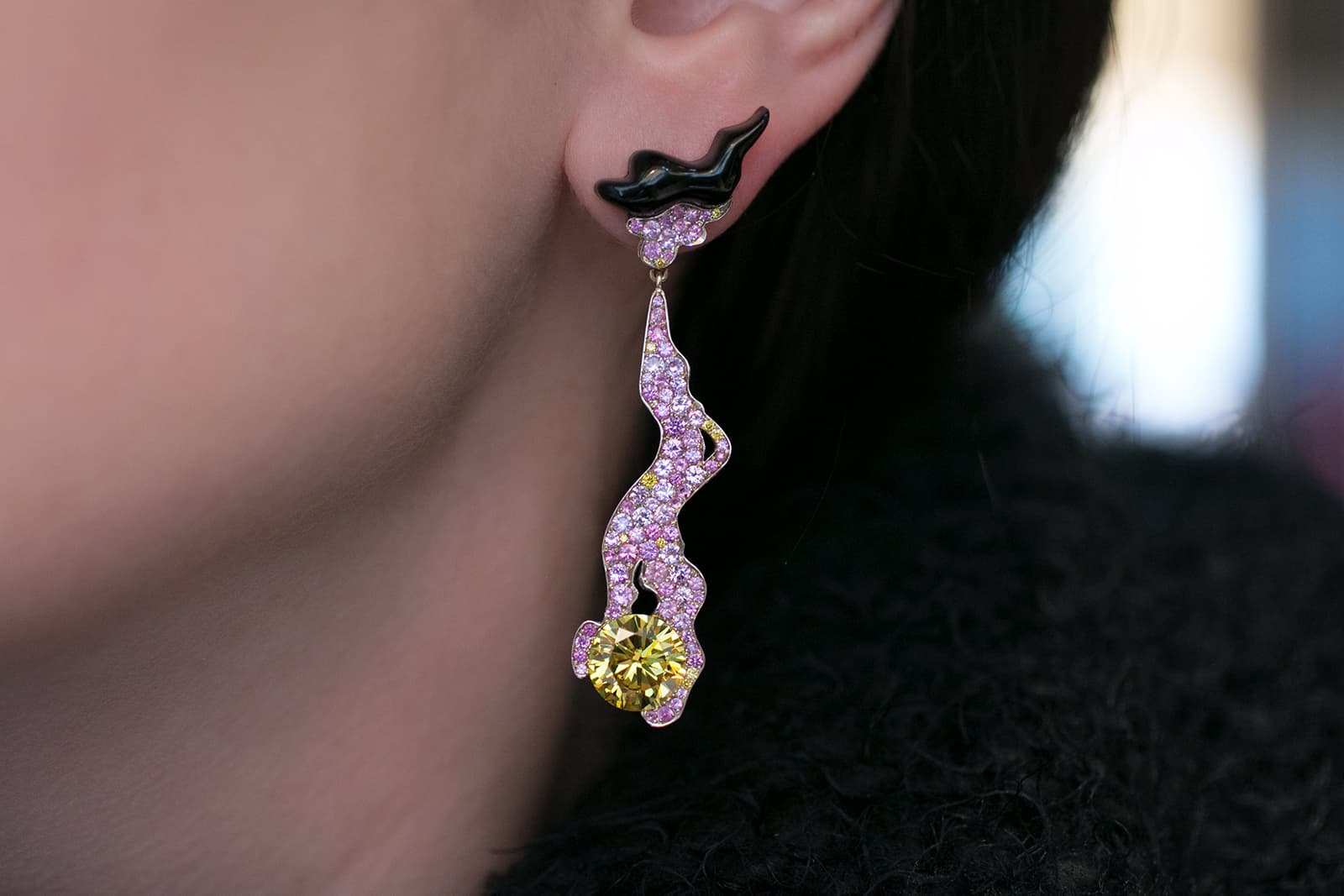 Joseph Ramsay ‘The Fabric of Jewellery’ collection ‘Nymph’ earrings with a pair of Fancy Vivid Yellow round brilliant cut diamonds weighing 3.01ct each, pink sapphires and black jet burns in blackened yellow gold