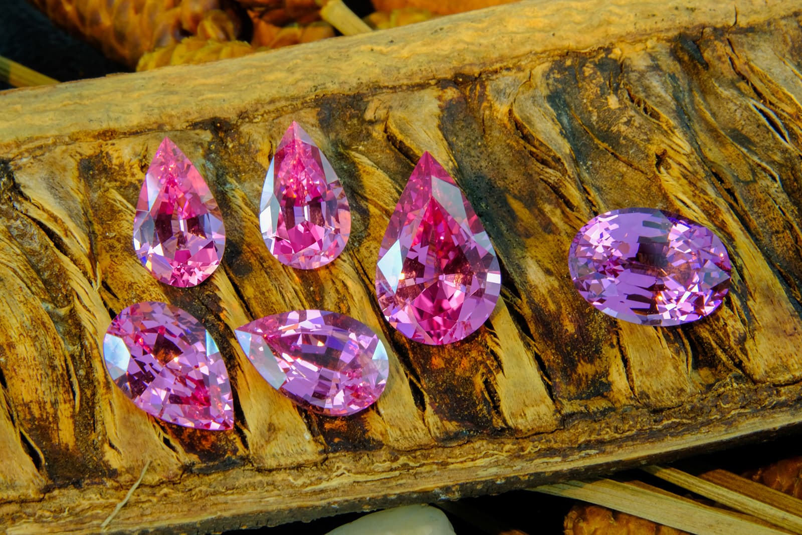 Vladyslav Y. Yavorskyy pink spinel (clockwise from top) pair of pear cuts totaling 5.50ct, 4.96ct pear cut, 4.52ct oval cut, and pair of pear cuts totaling 7.76ct