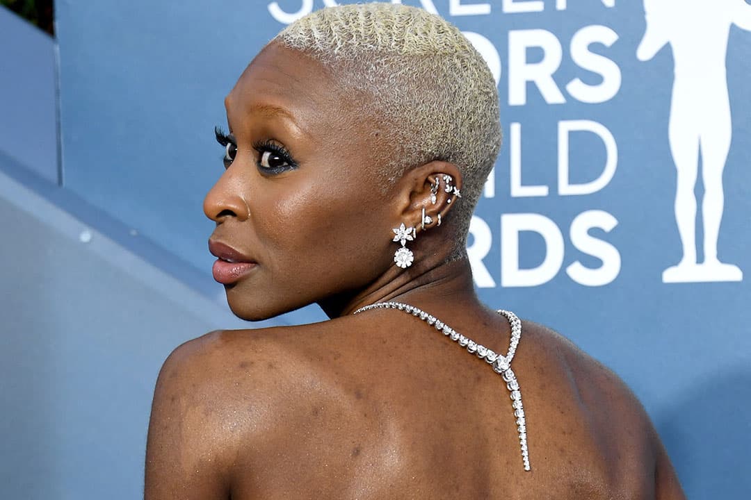 Cynthia Erivo wearing Roberto Coin earrings and necklace with diamonds