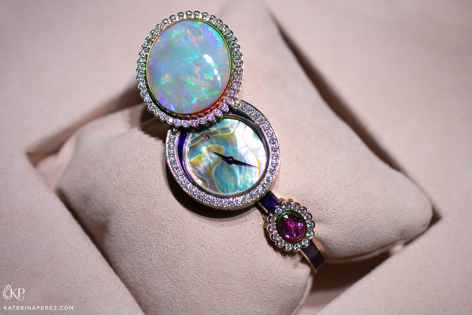 Dior et Moi collection secret watch with mother of pearl, opal, kunzite, diamonds and lacquer in white, yellow and pink gold