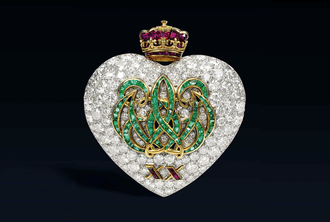 Wallis Simpson's heart motif brooch with diamonds, emeralds and rubies in yellow gold