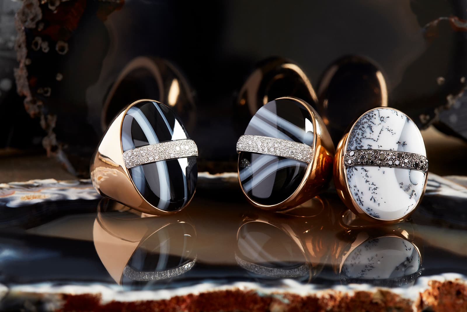 Pomellato Imperial Zebra rings with black and white agate and diamonds, and Japanese Samurai ring with dendritic opal and black diamonds, all in rose gold 