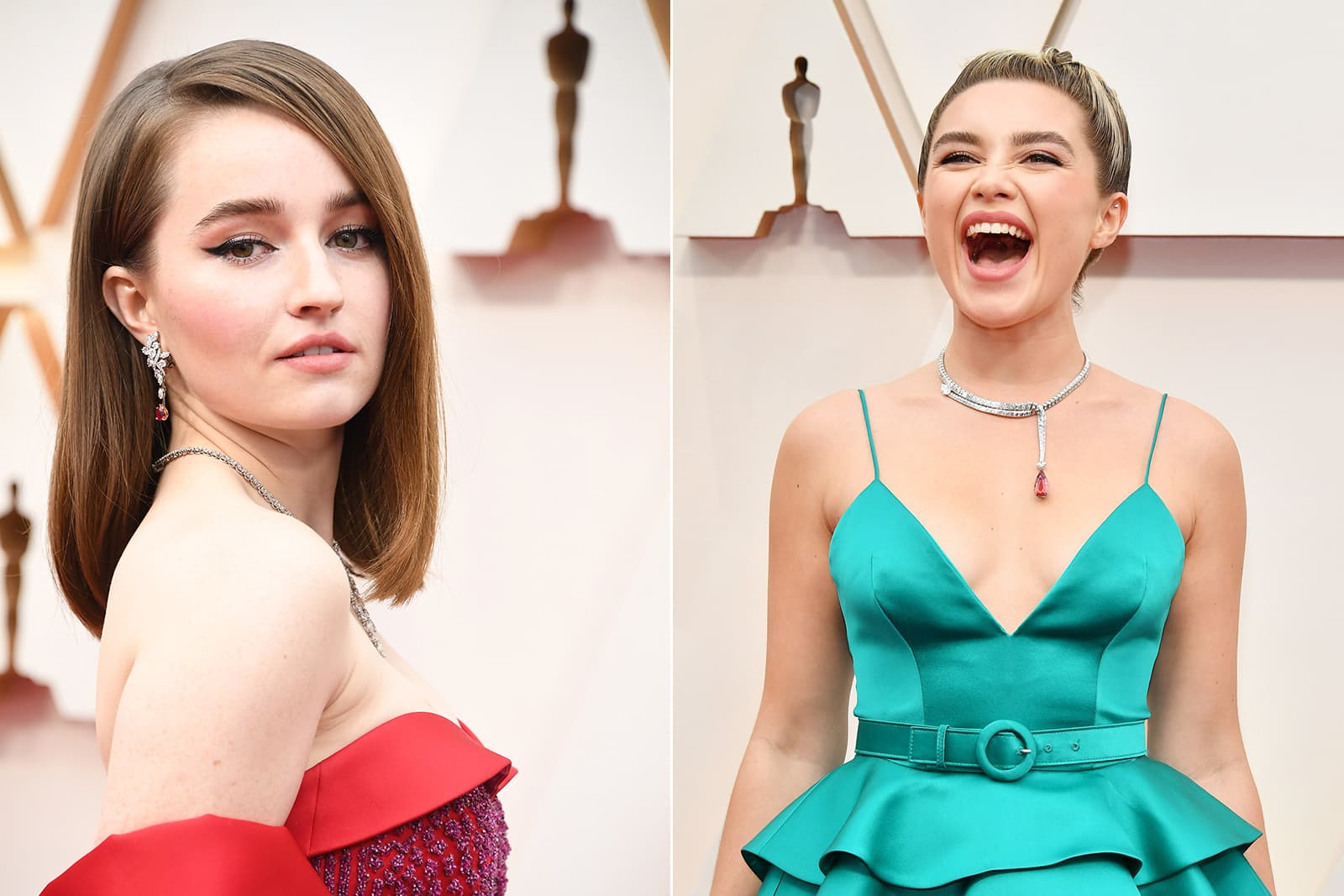 Kaitlyn Dever wearing Harry Winston earrings with ruby and diamond in platinum, and Florence Pugh wearing Louis Vuitton Riders of the Knights collection necklace with 20ct Imperial topaz and diamonds in white gold