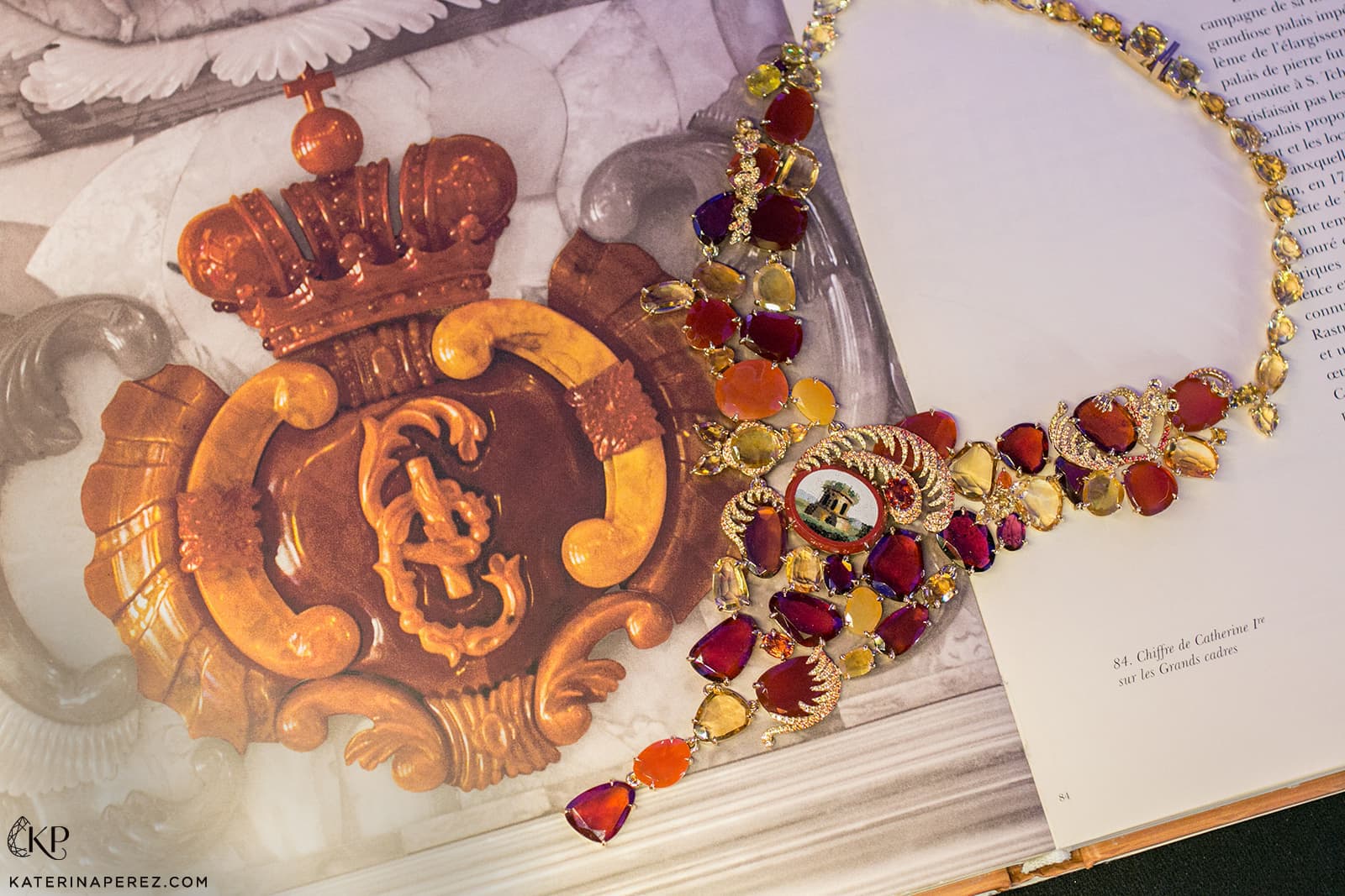 Lydia Courteille La Chambre d'Ambre collection necklace with 5.73ct of yellow and orange sapphires, miniature micromosaic, citrines, garnets, chalcedony, red opals, and jasper in yellow gold and titanium