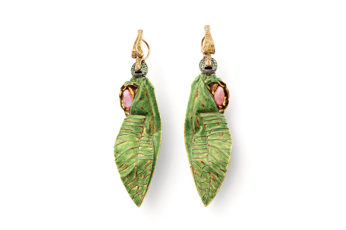 Otto Jakob Tettix earrings with tsavorites, fancy yellow and light brown diamonds, vitreous enamel and plique-à-jour enamel in painted yellow gold