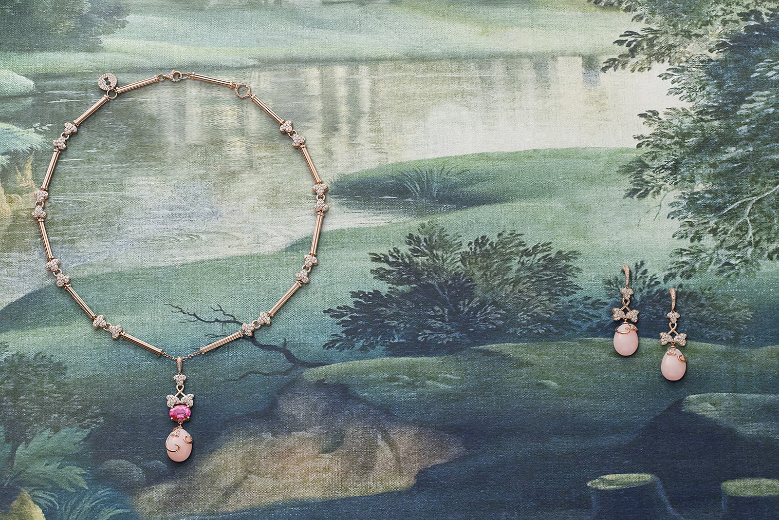 Boodles Secret Garden collection Column and Ivy necklace and earrings with pink opal, pink sapphires and diamonds in pink gold