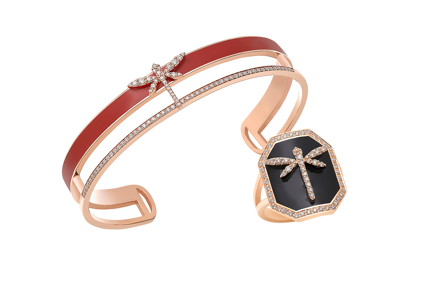 Anapsara 1926 Dragonfly cuff and ring with diamonds and enamel in rose gold