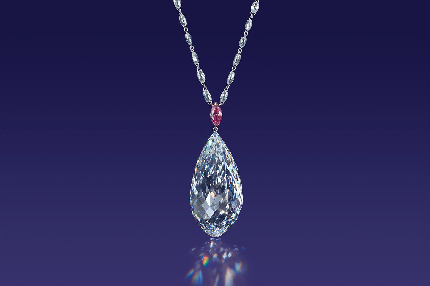 William Goldberg necklace with D colour type IIA 75.36ct briolette diamond, fancy pink diamond and accenting colourless diamonds in white gold 